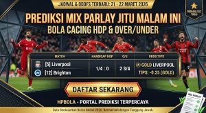 Gambar promosi prediksi mix parlay bola cacing jitu HDP & Over/Under terbaru 21-22 Maret 2026 dari portal Prediksi Jitu HPBOLA, menampilkan visual pemain Liverpool, Bayern Munchen, dan AC Milan serta bursa taruhan terupdate.
