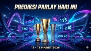 Banner prediksi parlay hari ini 12 - 13 Maret 2026 menampilkan trofi Europa League dan bursa odds bola futuristik.