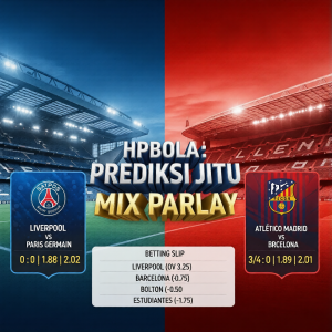 Banner Prediksi Jitu Mix Parlay HPBOLA Pertandingan Liverpool vs PSG dan Atletico Madrid vs Barcelona.