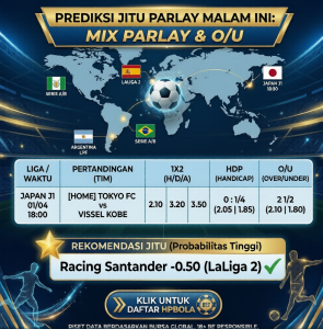 Tabel bursa taruhan dan prediksi jitu mix parlay malam ini 1 April 2026 untuk Liga Jepang, Spanyol, dan Brasil.
