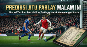 Grafik prediksi jitu parlay malam ini dengan latar belakang pertandingan sepak bola dan slip taruhan kemenangan.