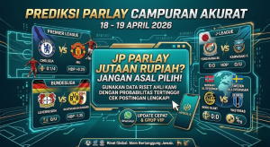 Infografis prediksi parlay campuran 18-19 April 2026 mencakup Liga Inggris dan Bundesliga.