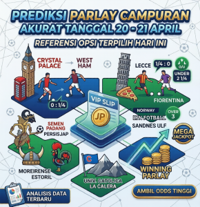 Infografis bursa taruhan dan prediksi parlay campuran tanggal 20 sampai 21 April 2026.