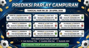 Infografis Prediksi Parlay Campuran akurat tanggal 28 dan 29 April 2026 untuk liga-liga besar dunia.
