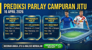 Infografis Prediksi Parlay Campuran Jitu 16 April 2026 mencakup liga Eropa dan Copa Libertadores.