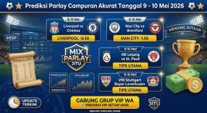 Infografis Prediksi Parlay Campuran Akurat tanggal 9-10 Mei 2026 menampilkan laga Liverpool vs Chelsea dan Man City vs Brentford.